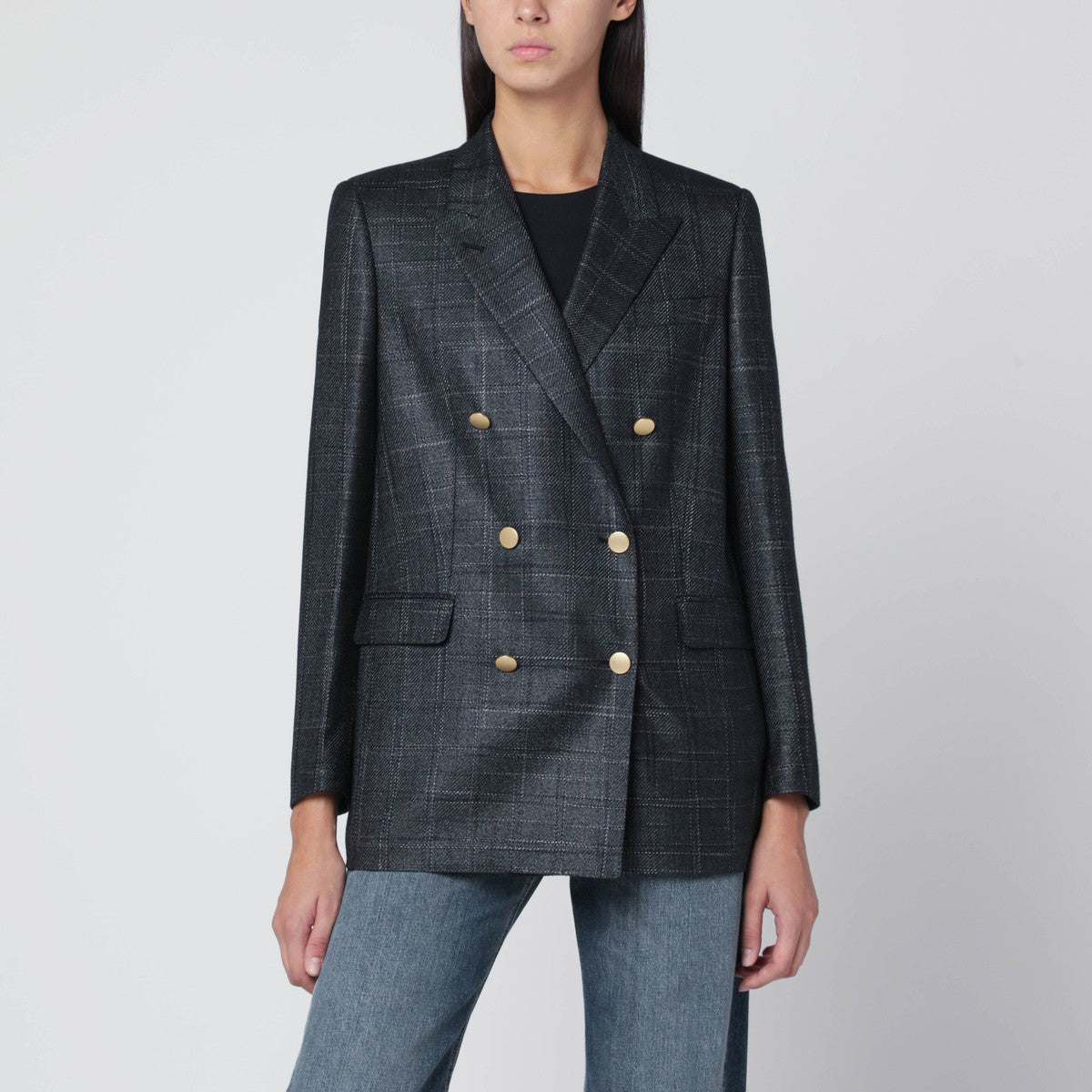 Tagliatore Black double-breasted checked wool blazer