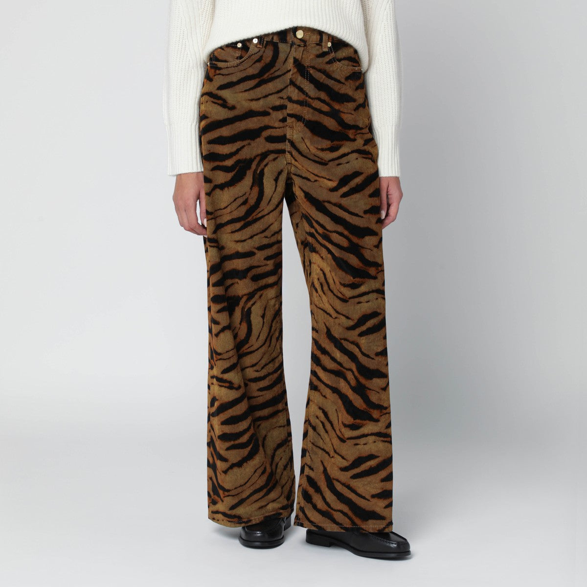 GANNI Khaki zebra-print baggy jeans
