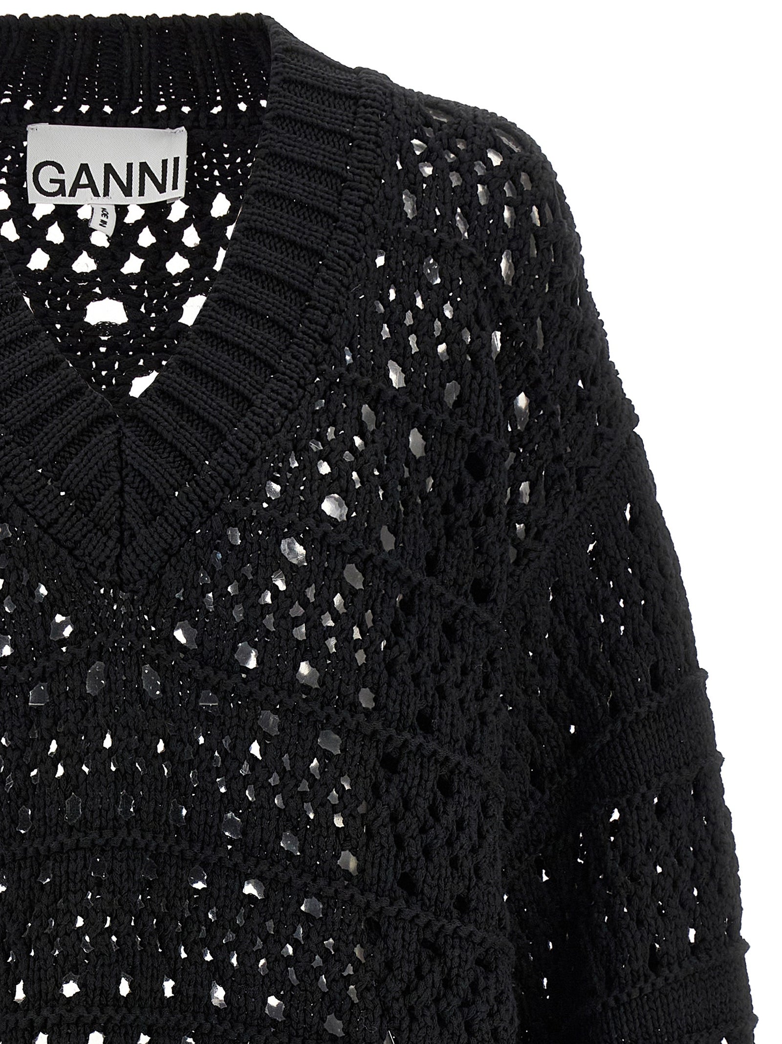 Ganni Black Crochet V-neck Sweater