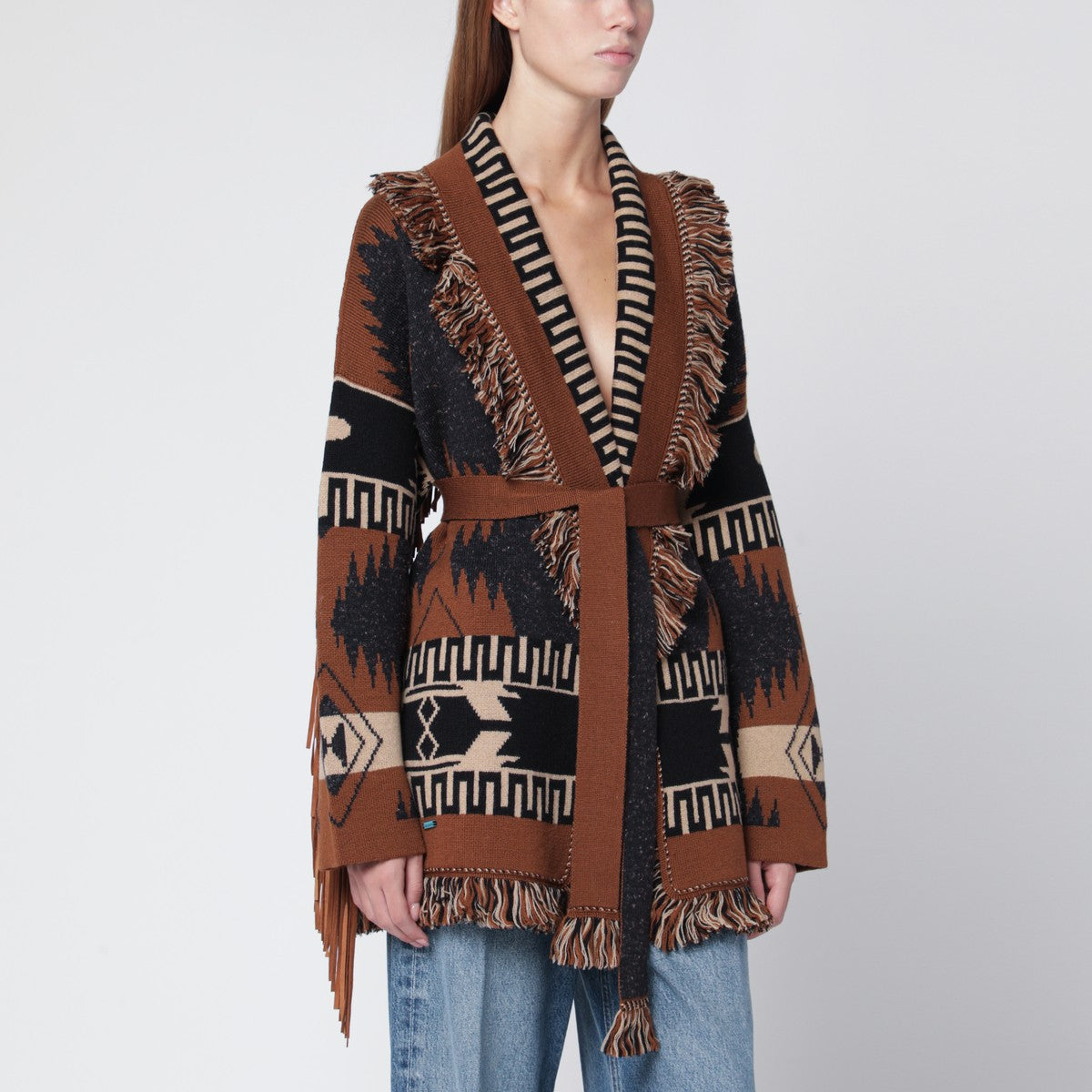 Alanui Dreamscape jacquard cardigan in black/brown