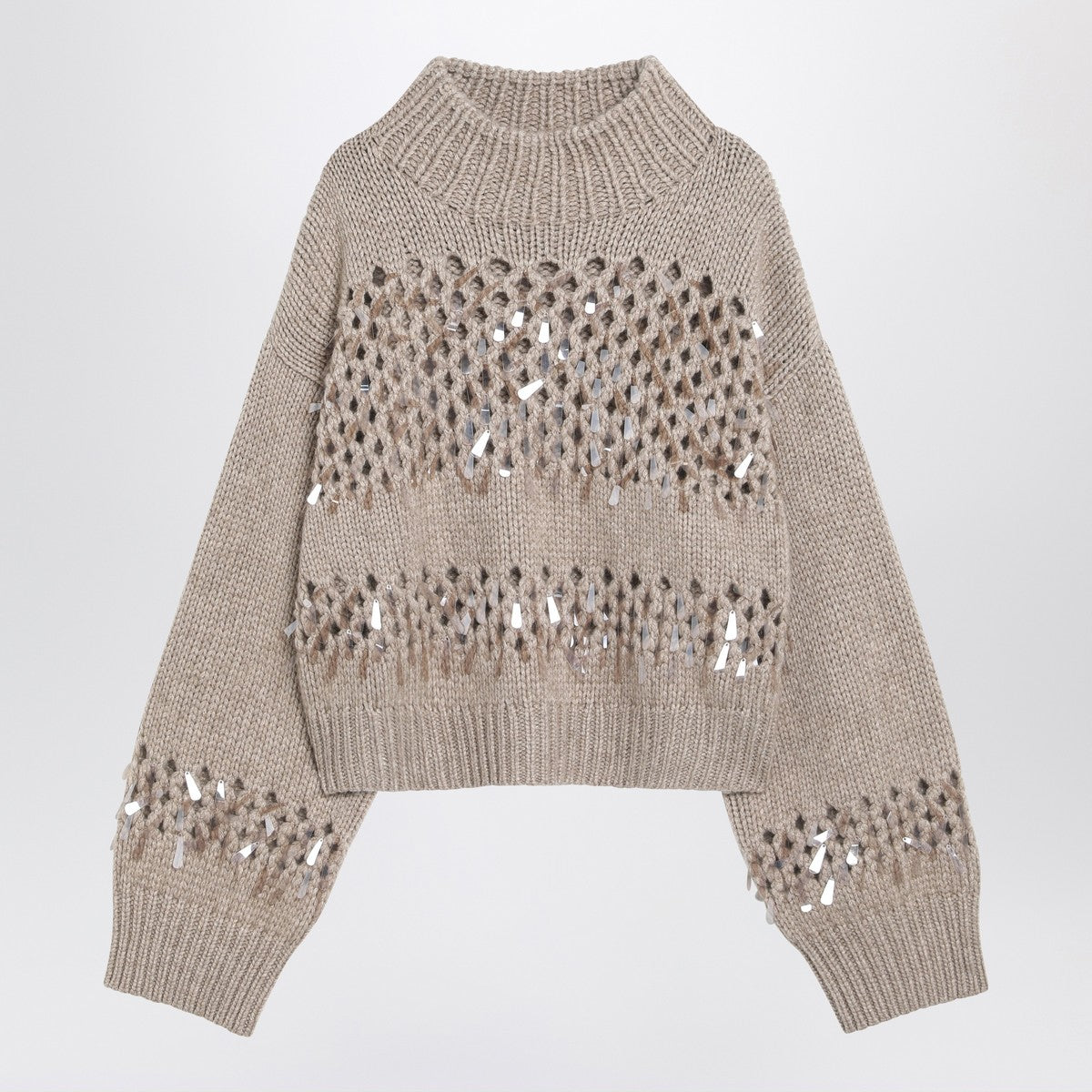 Brunello Cucinelli Brown openwork sweater with sequins