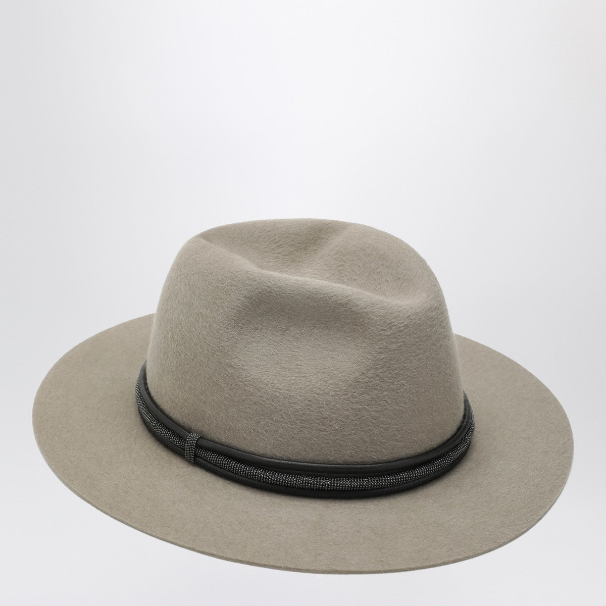 Brunello Cucinelli Taupe felt fedora with leather band