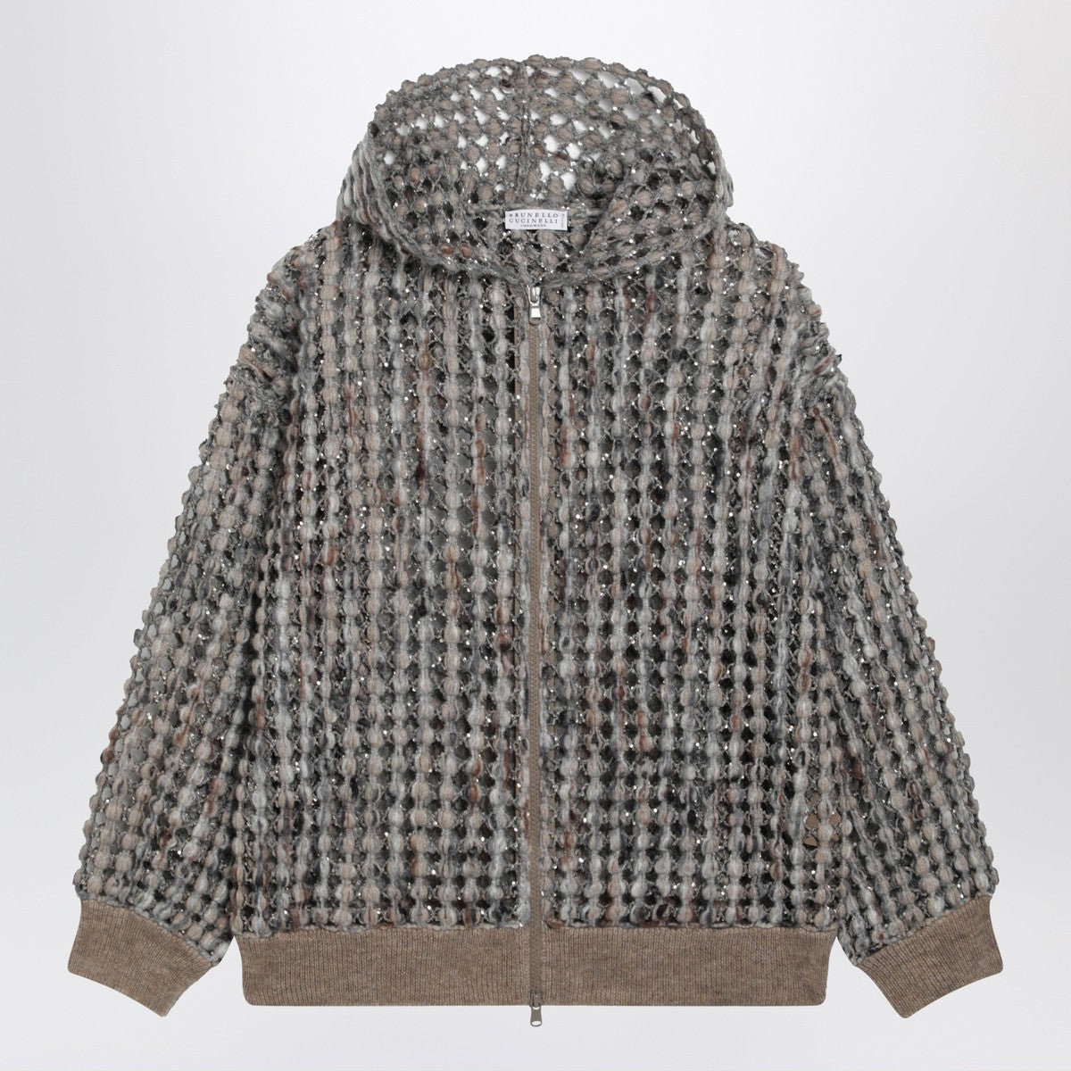 Brunello Cucinelli Camel Balloon Net Embroidery cardigan