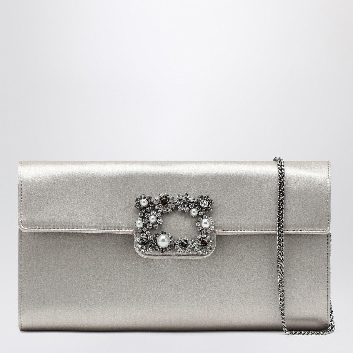 ROGER VIVIER Pearl grey satin clutch bag with buckle
