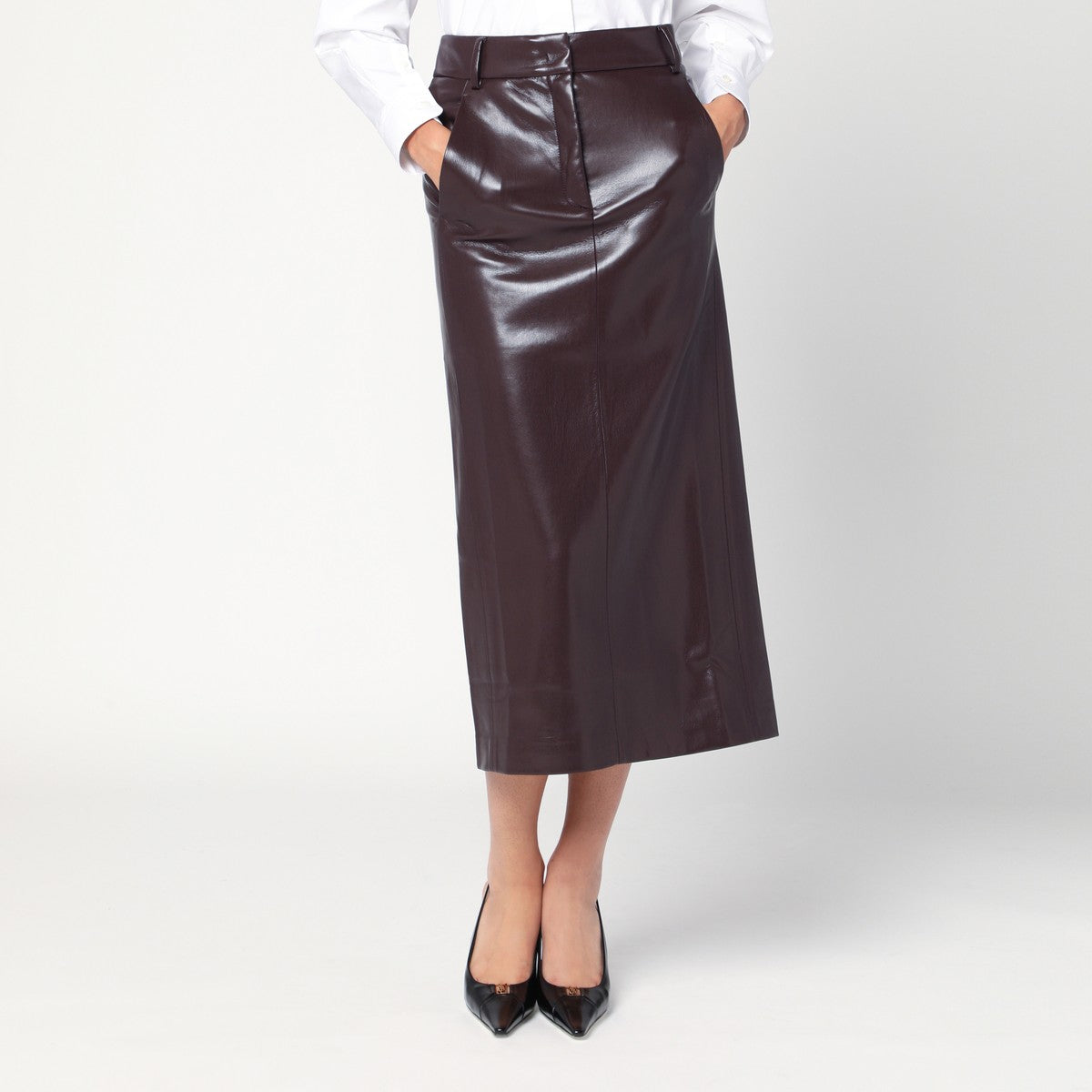 THE ANDAMANE Bordeaux faux leather midi skirt