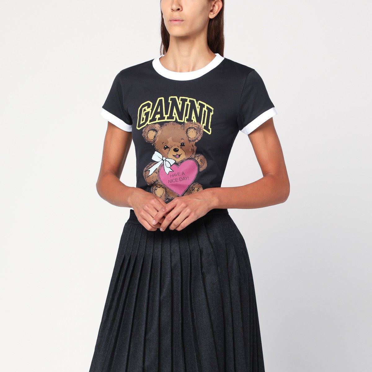 GANNI Dark grey cropped Teddy T-shirt