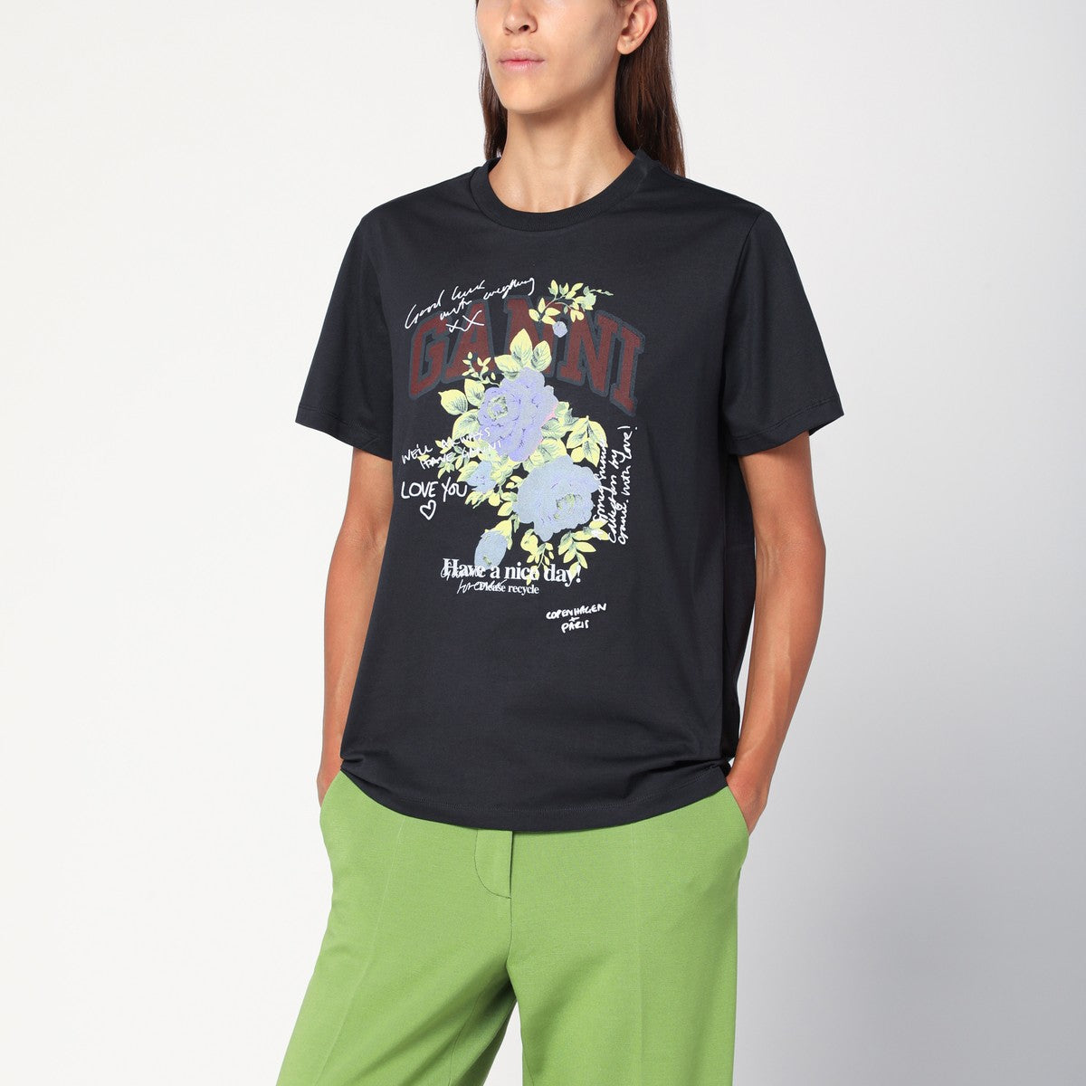 GANNI Dark grey Rose T-shirt