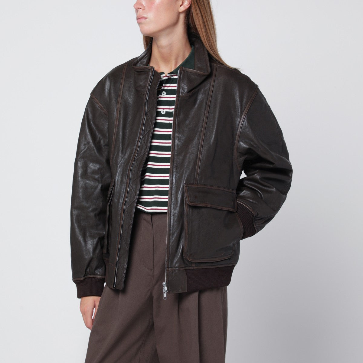 Dunst Dark brown leather zip-up bomber jacket