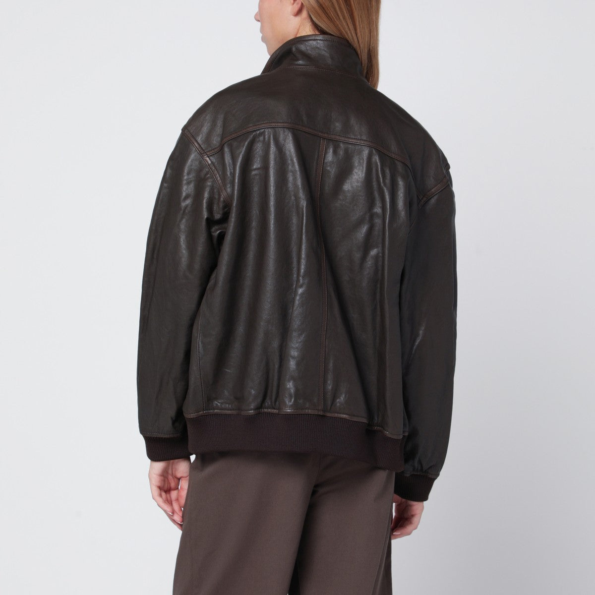 Dunst Dark brown leather zip-up bomber jacket