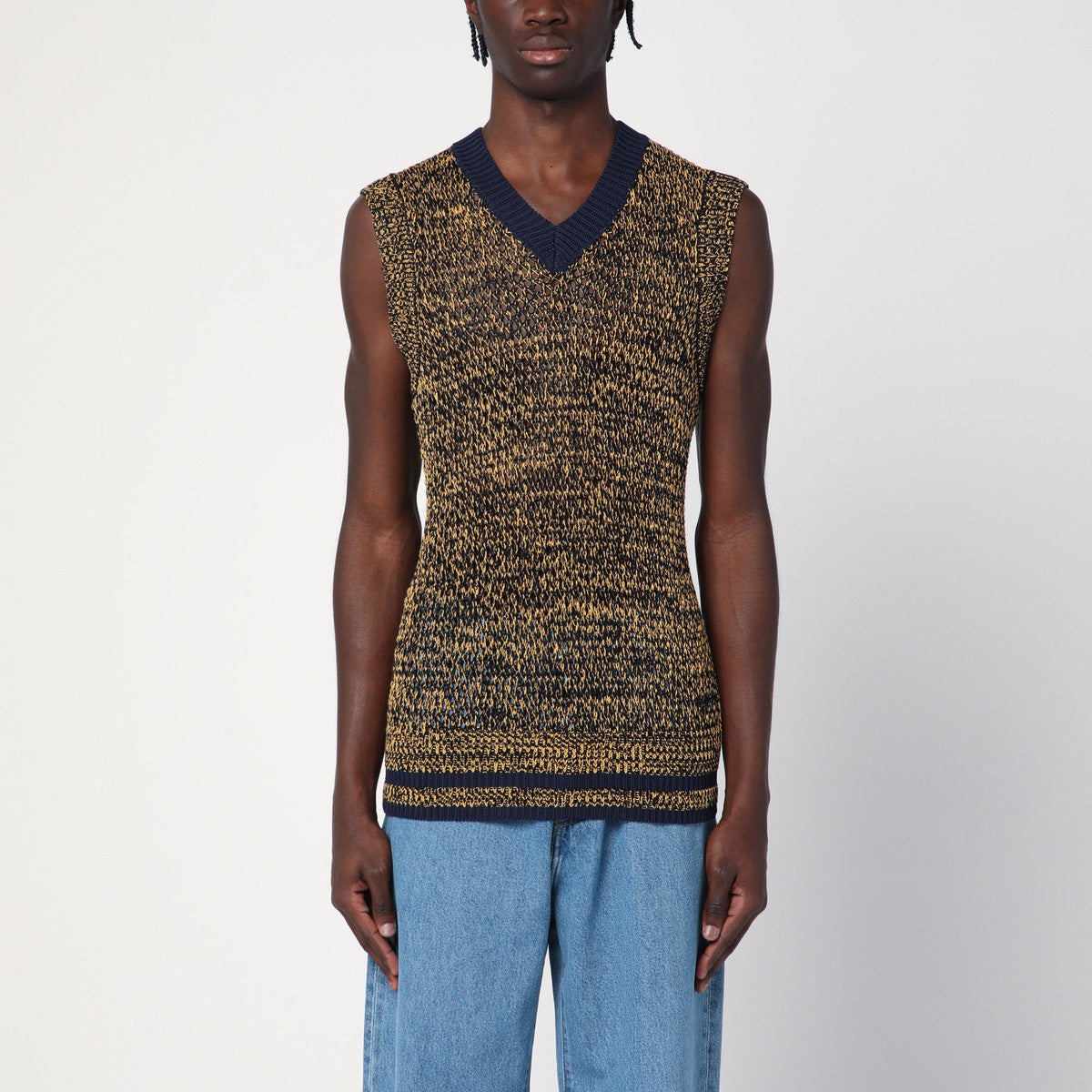 Wales Bonner Navy blue/yellow textured vest in a cotton blend