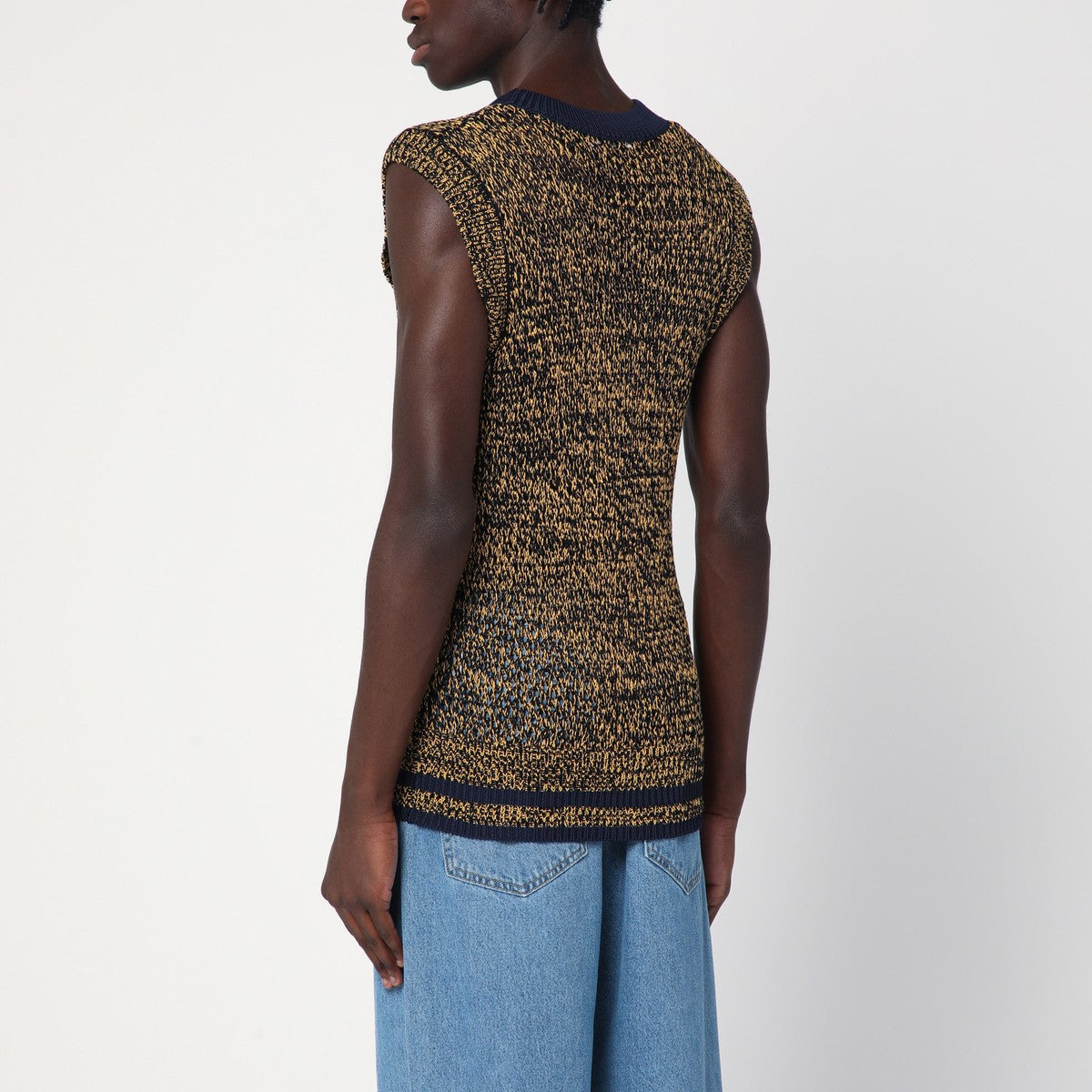 Wales Bonner Navy blue/yellow textured vest in a cotton blend