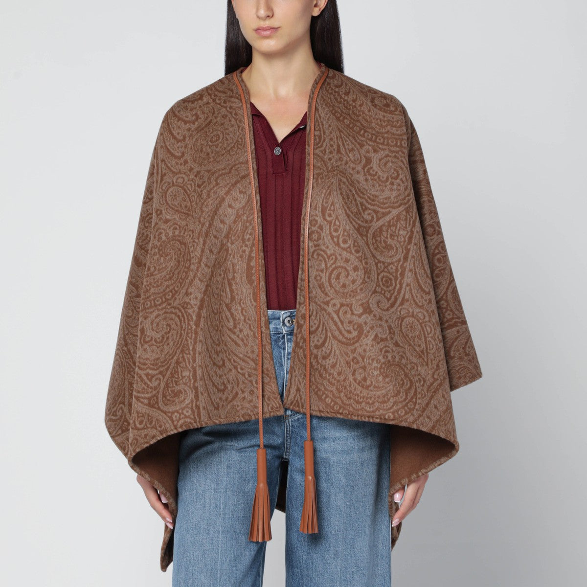 ETRO Brown cape with jacquard Paisley pattern