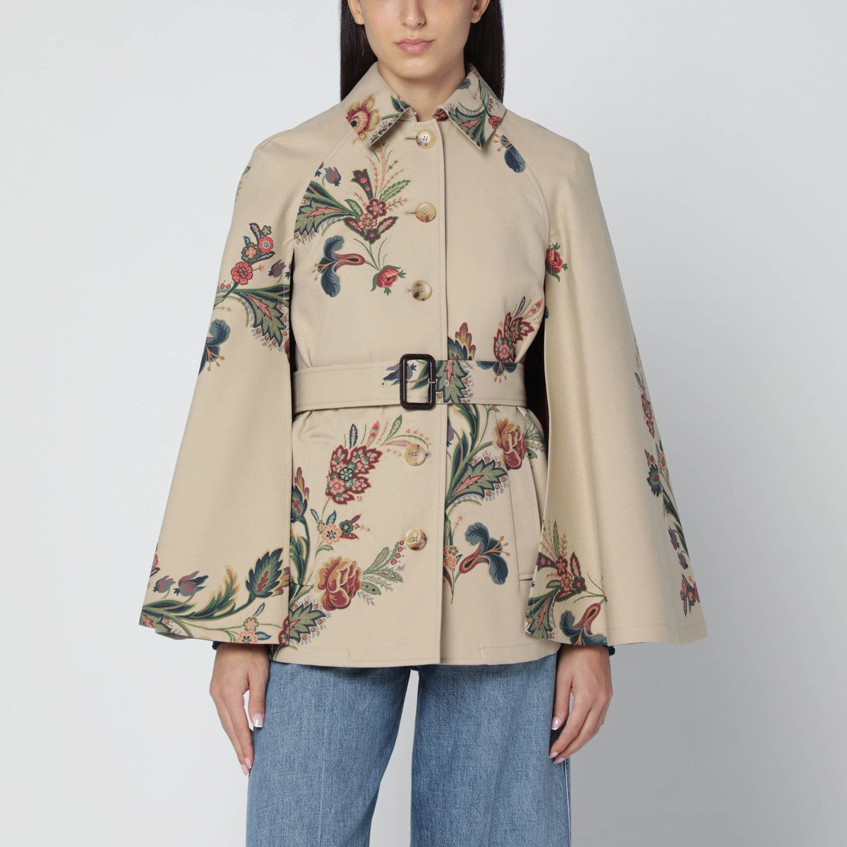 ETRO Beige trench-cape with floral print